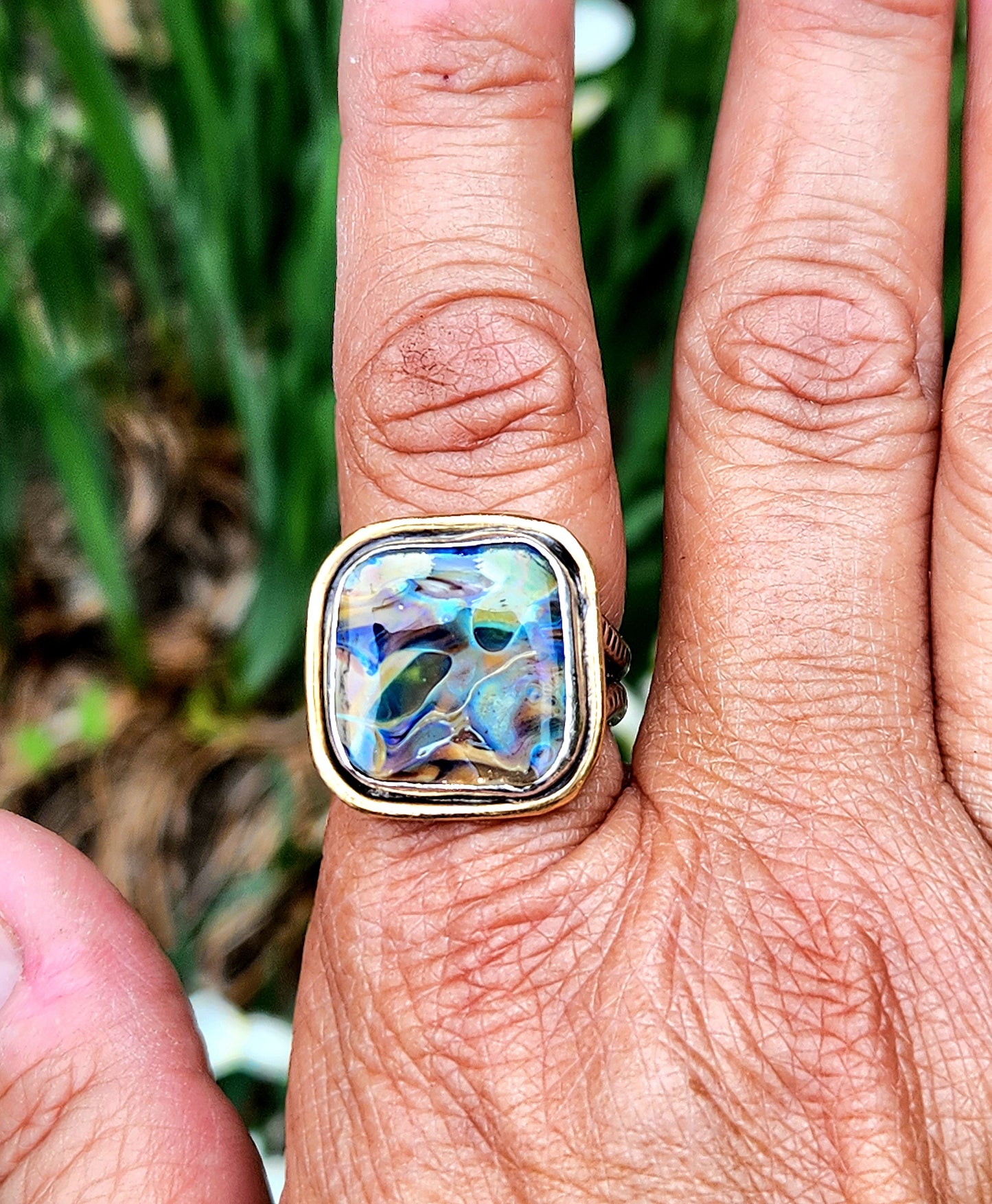 Jungle blues, brass and glass statement ring