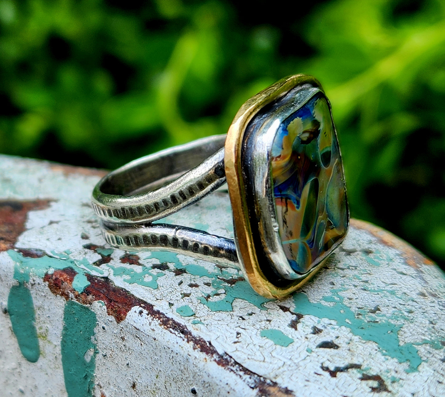 Jungle blues, brass and glass statement ring