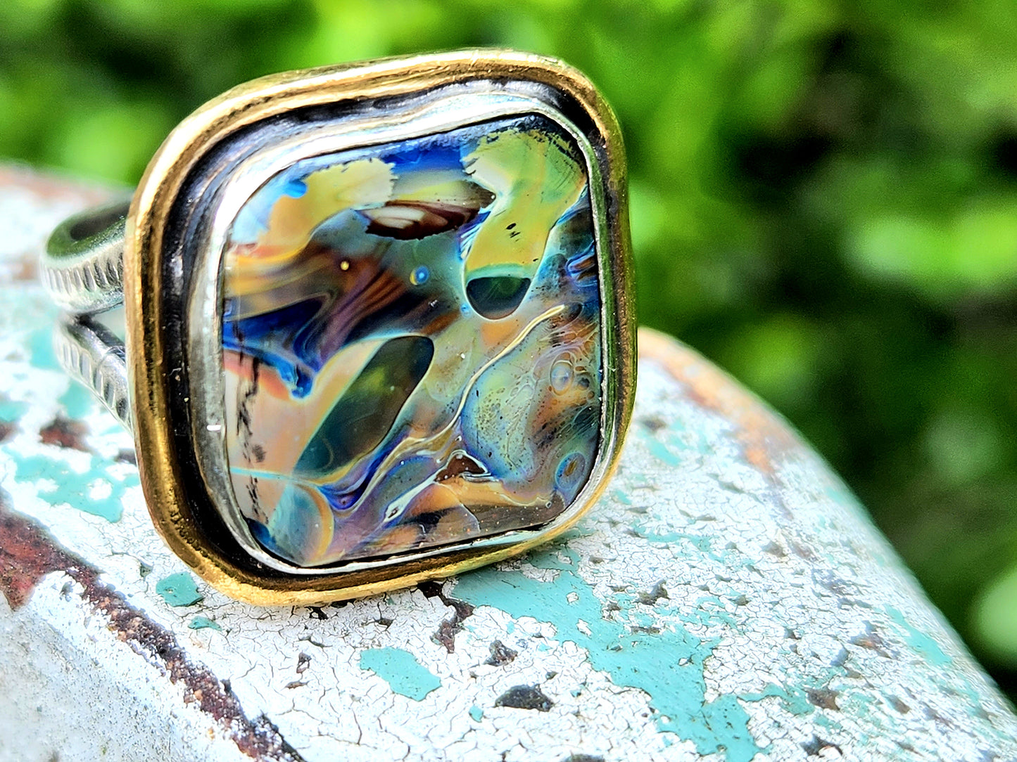 Jungle blues, brass and glass statement ring